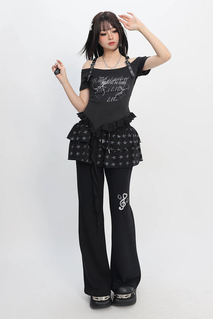 星星印花喇叭形运动裤