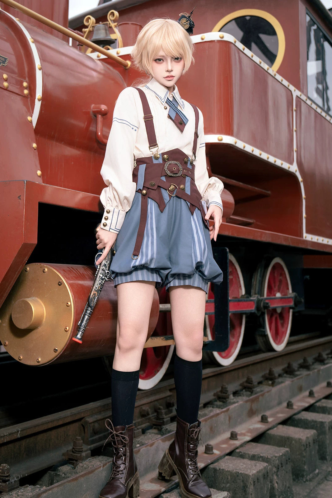【10月2日予約締切】Vintage Prince Ivory Shirt + Blue Stripe Shorts + Brown Suspender Corset + Waist Belt + Full Set