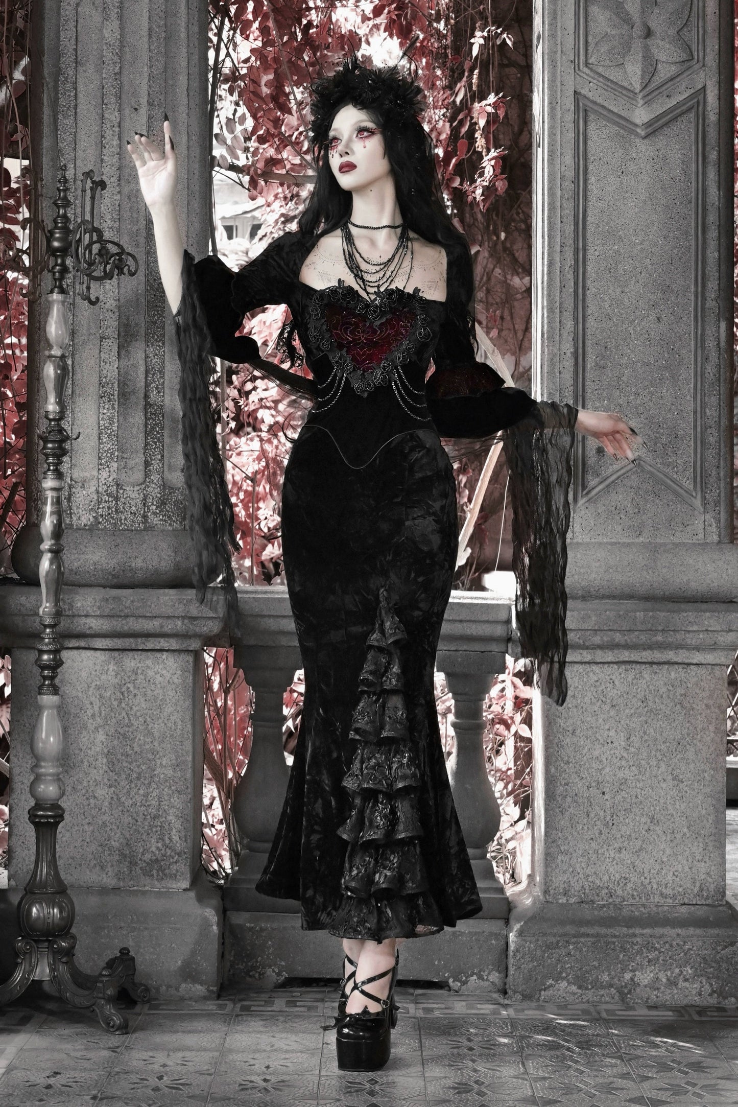 Thriller Crimson Gothic Velvet Mermaid Dress + Gloves