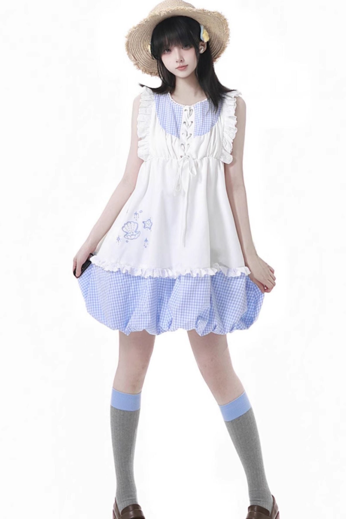 シェルパズルノースリーブトップス＋チェックショートパンツ＋バルーンドレス