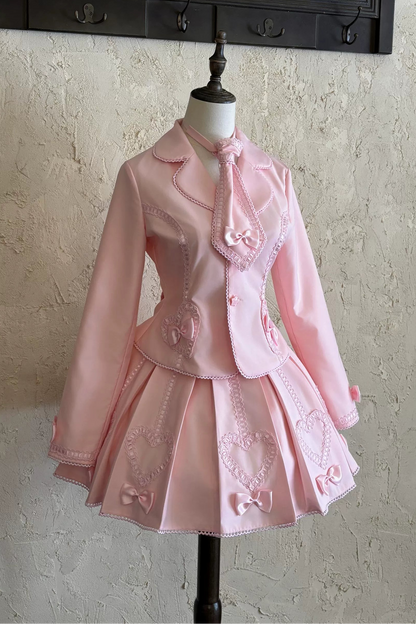 [Pre-order Deadline: June 28] Pink/Gray Vintage Lolita Heart Ribbon Tailored Jacket + Skirt + Tie