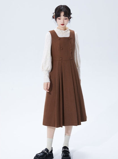 Preppy Style Double-Breasted Wool Tank Top Dress