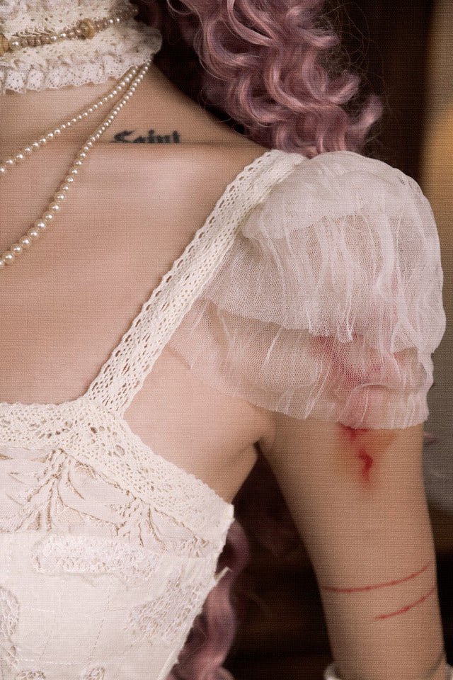 コットンラブハートリボンカットアウトレーススリップドレス