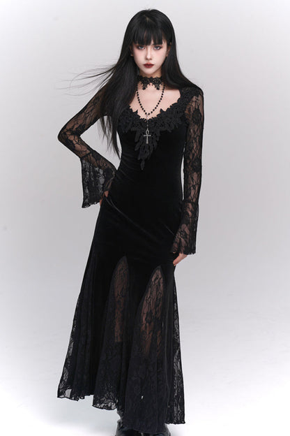 Open Neck Collar Sheer Long Dress