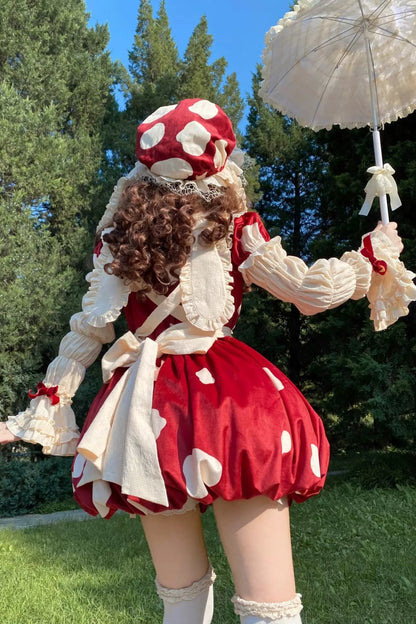 キノコドールワンピース+リボンフリルエプロン+フリルスリーブ+うさ耳ハット