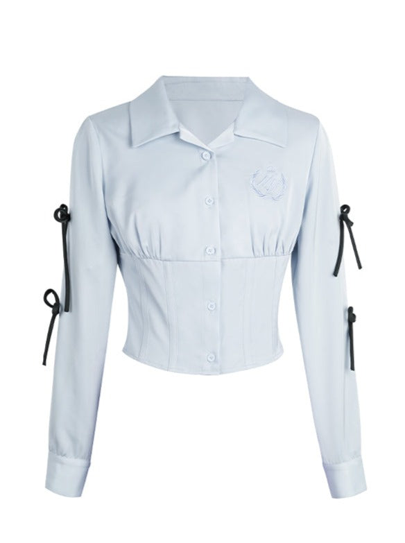 Ribbon waist mark top + ruffle skirt