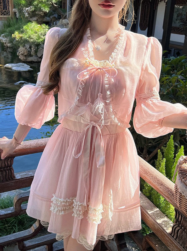 Girly Chinese-Style Sheer Short Cardigan + Waist Ribbon Dress – Belchic