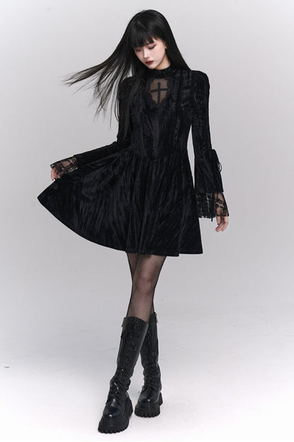 Retro Gothic Black Velvet Dress