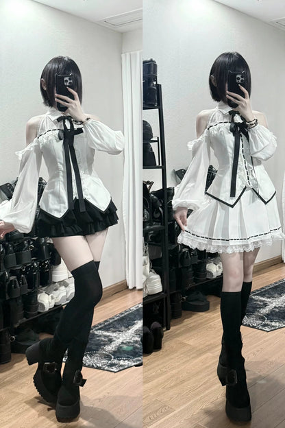 [Vorbestellschluss: 1015] Weiße Gothic-Spitzenbluse mit langen Ärmeln und Cut-out-Schultern&nbsp;mit abnehmbaren Schleifen+Spitzen-Boxfaltenrock