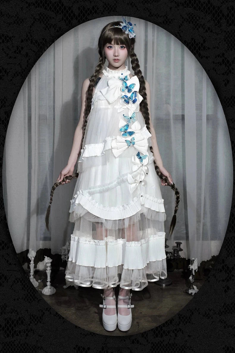 [Pre-order Deadline: October 14] Black/White Gothic Lolita Blue Butterfly Bow Tulle Ruffle Layered Halter Dress