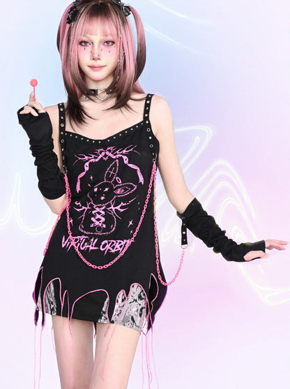 Y2K Cool Rabbit Print Black Pink Eyelet Chain Gloves &amp; Camisole