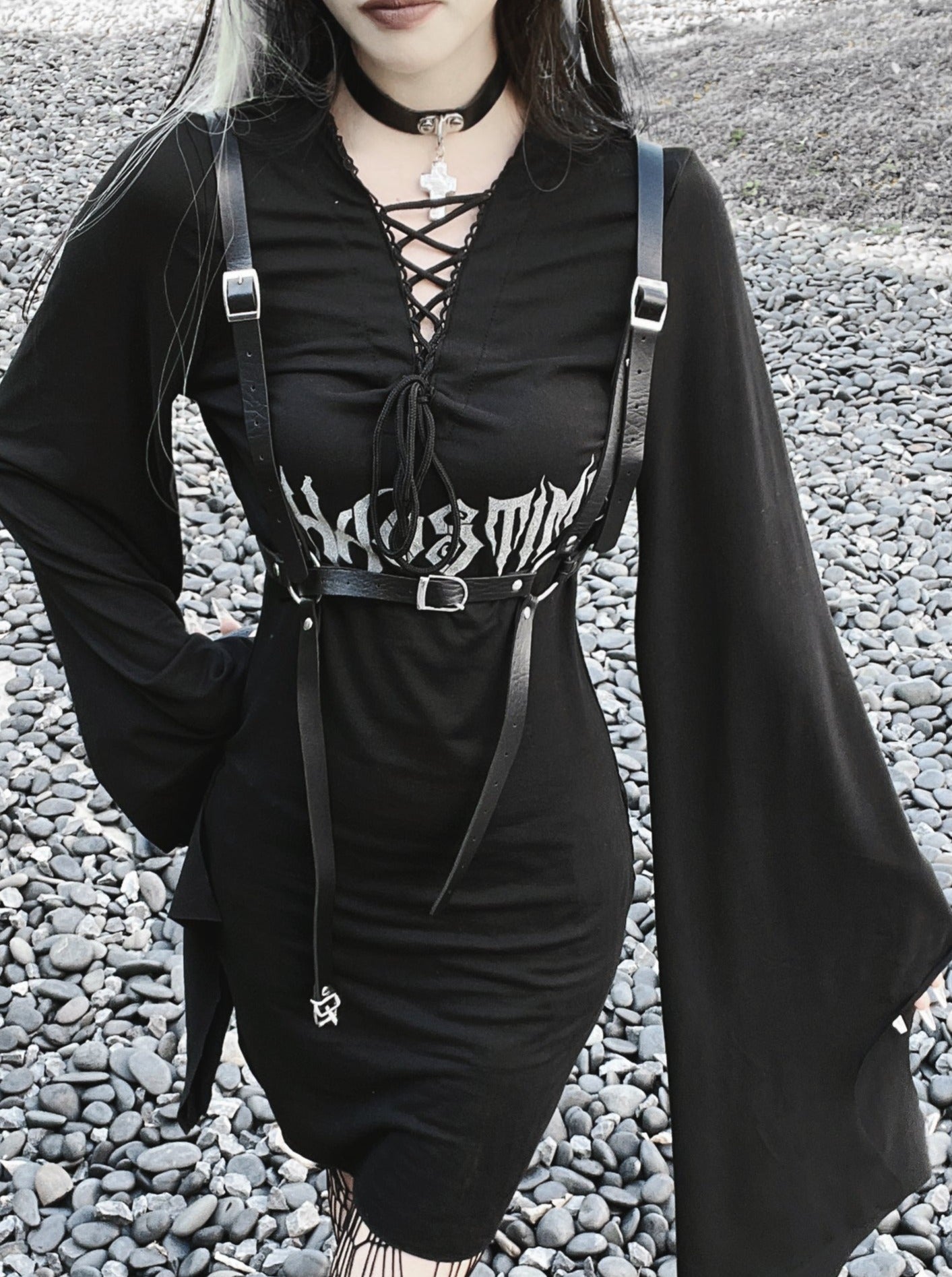 Dark Lace-up V Neck Gothic A Line Dress – Belchic
