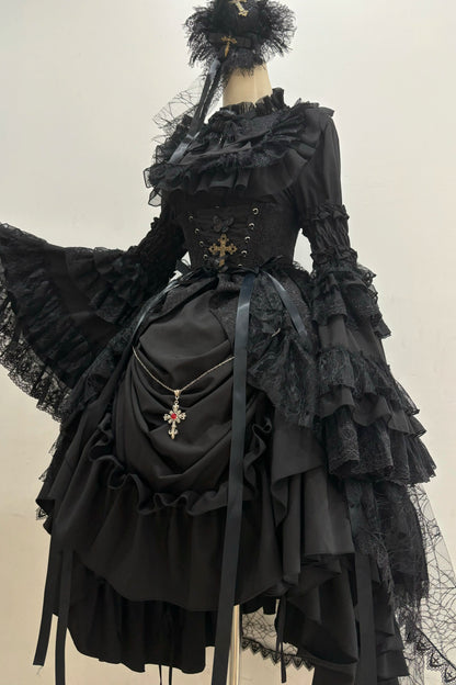 ゴシックスーパーゴージャスジスリーブロリータシャツ+フリルスカート+ハット