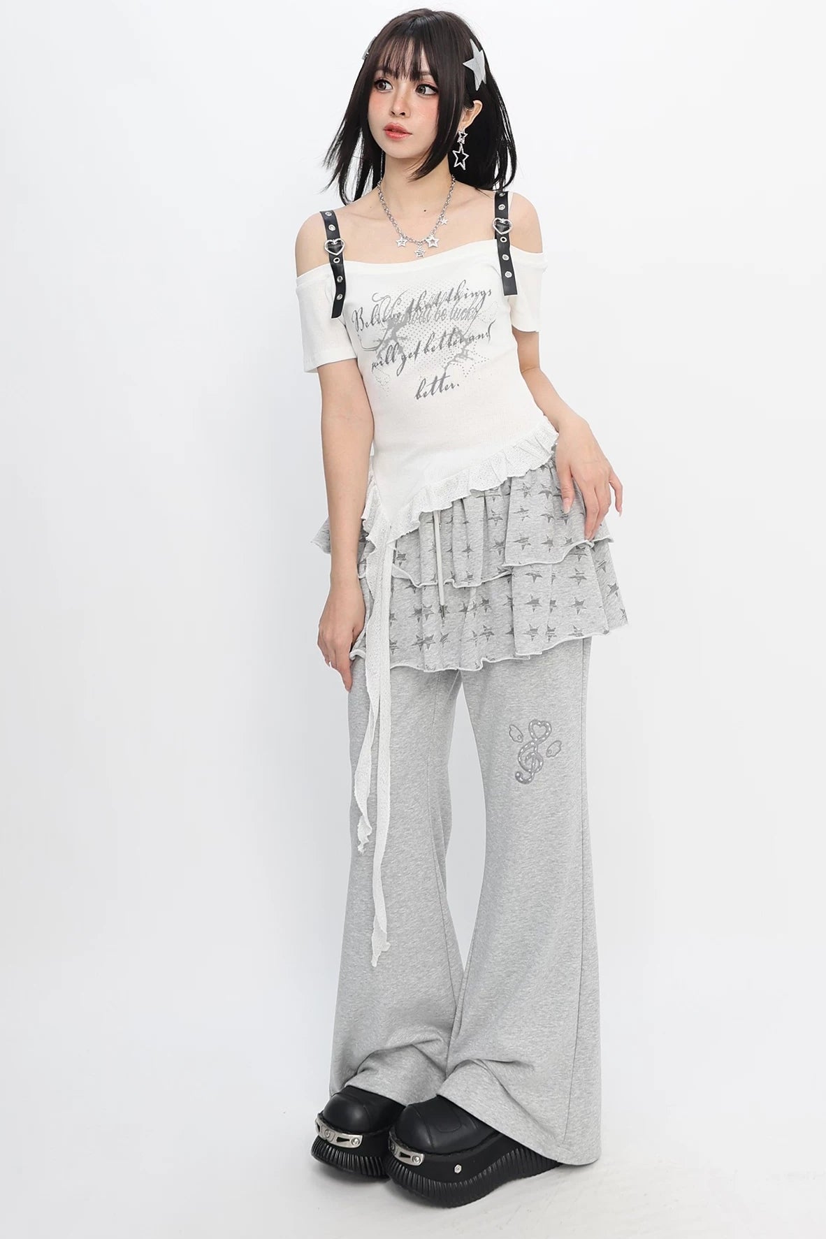 星星印花喇叭形运动裤