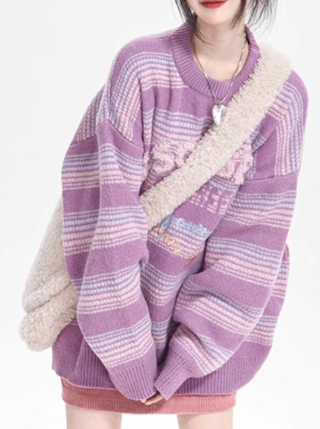 Purple Loose Retro Design Embroidery Stripe Knit Sweater