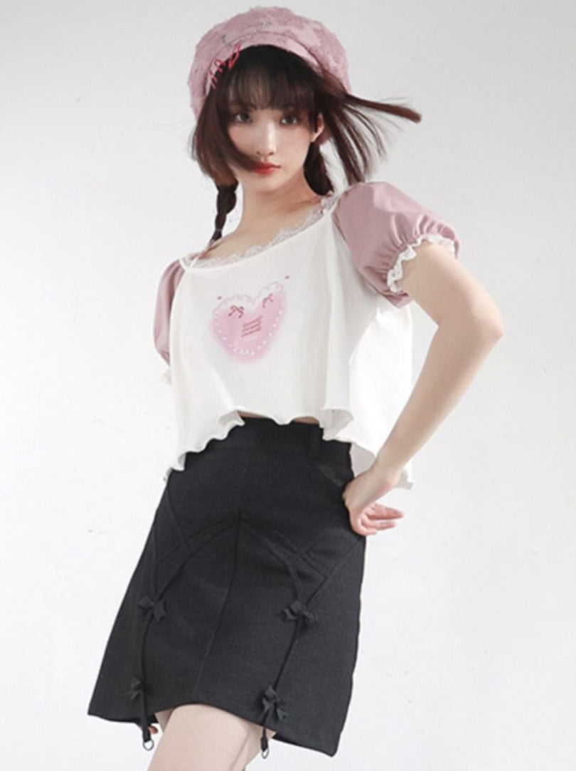 Sweet Ribbon Strap Heart Frill T-shirt + Black Ribbon Strap Skirt