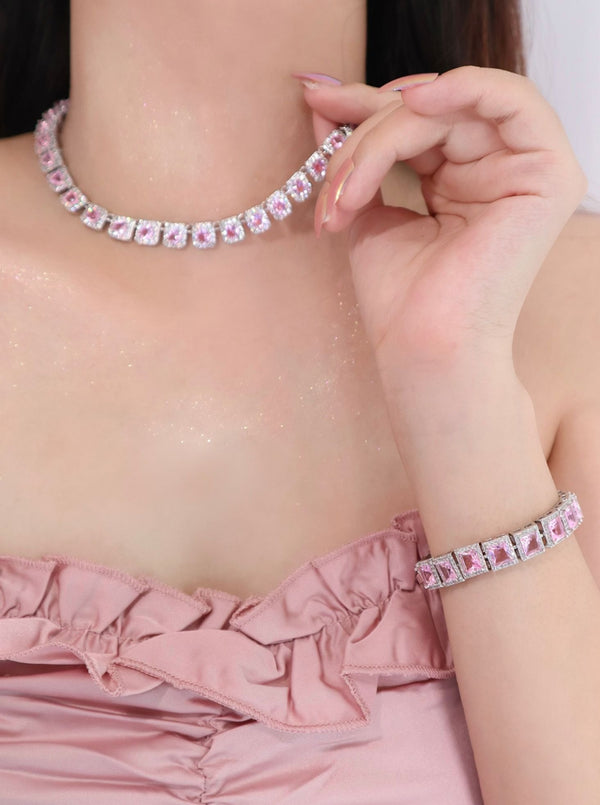 Square diamond pink necklace + bracelet