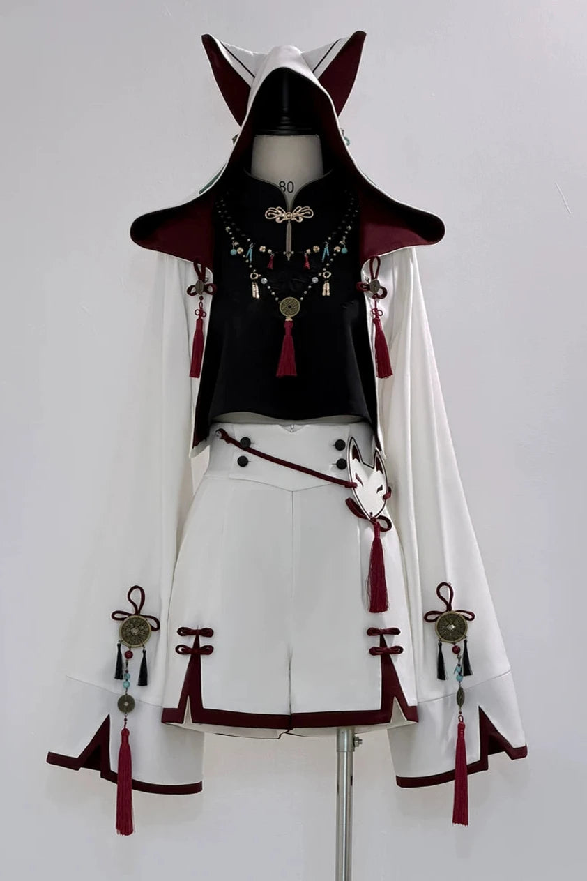 [Reservation Deadline: November 1] White Fox Chinese Fantasy-Style Fox-Ear Hooded Jacket + Black Mandarin-Collar Sleeveless Crop Top + White & Red Fox Shorts