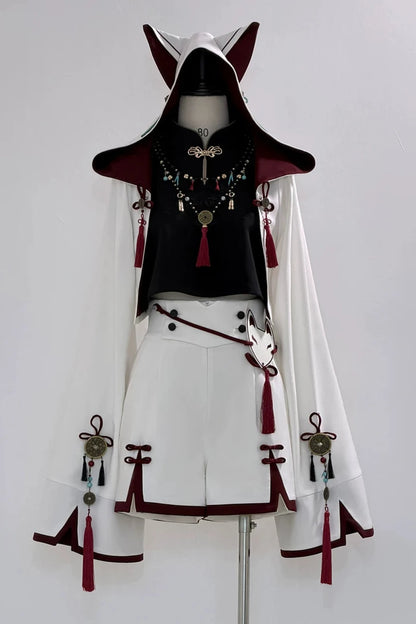 [Reservation Deadline: November 1] White Fox Chinese Fantasy-Style Fox-Ear Hooded Jacket + Black Mandarin-Collar Sleeveless Crop Top + White & Red Fox Shorts