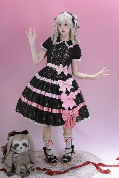 [Reservierungsschluss am 105] Sweet-Lolita-Hemd mit Peter-Pan-Kragen, Polka-Dots und Taillenband + Rock mit dreifacher Schleife + Set