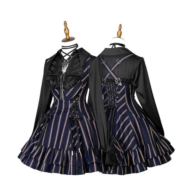 【12月29日予約締切】ゴシックロリータストライプバッククロスフリルサスドレス