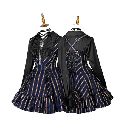 【12月29日予約締切】ゴシックロリータストライプバッククロスフリルサスドレス