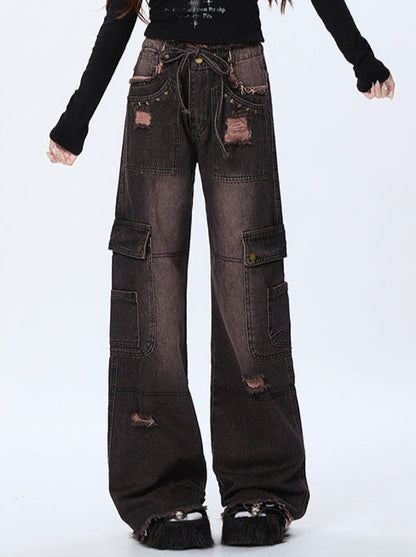 Retro Damaged Black Gradient Denim Cargo Pants