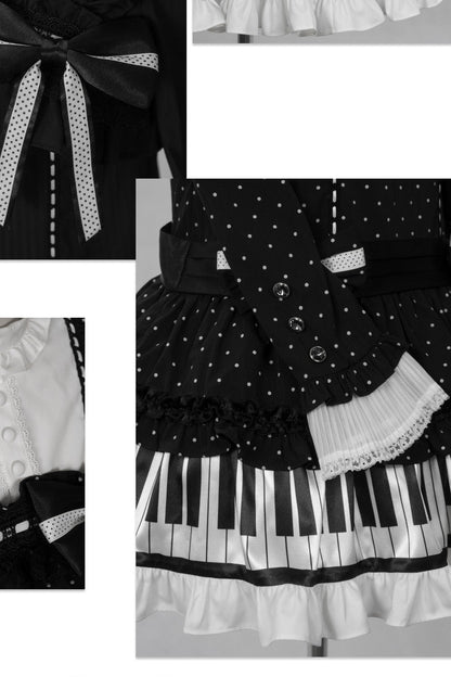 [Date limite de réservation : 22 octobre] Robe de poupée taille basse gothique Lolita à pois/noire avec touches de piano, nœud à volants