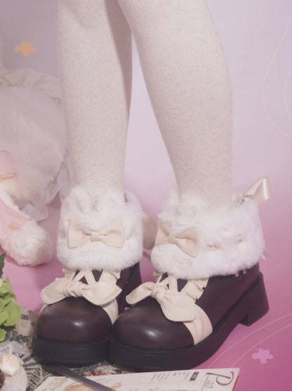 Snow Lolita Mid Heel Color Block Ribbon Sweet Velvet Short Boots