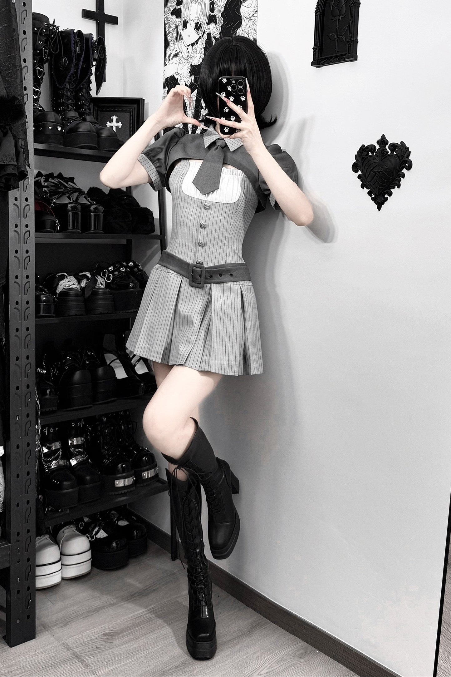 【4月15日予約締切】グレーピンストライプタイカラーショートジャケットドレスフルセット＋ジュエルキャスケット