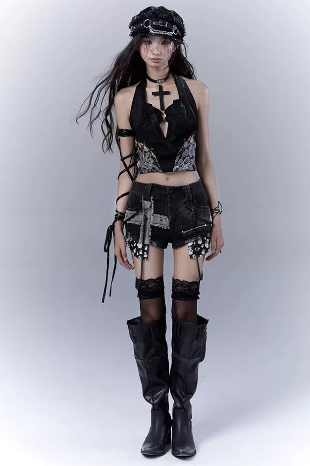 ダークレースパッチワークレザーキャミソール