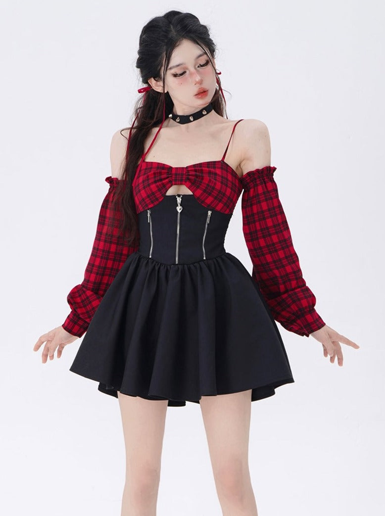 One Shoulder Suspender Check Dress