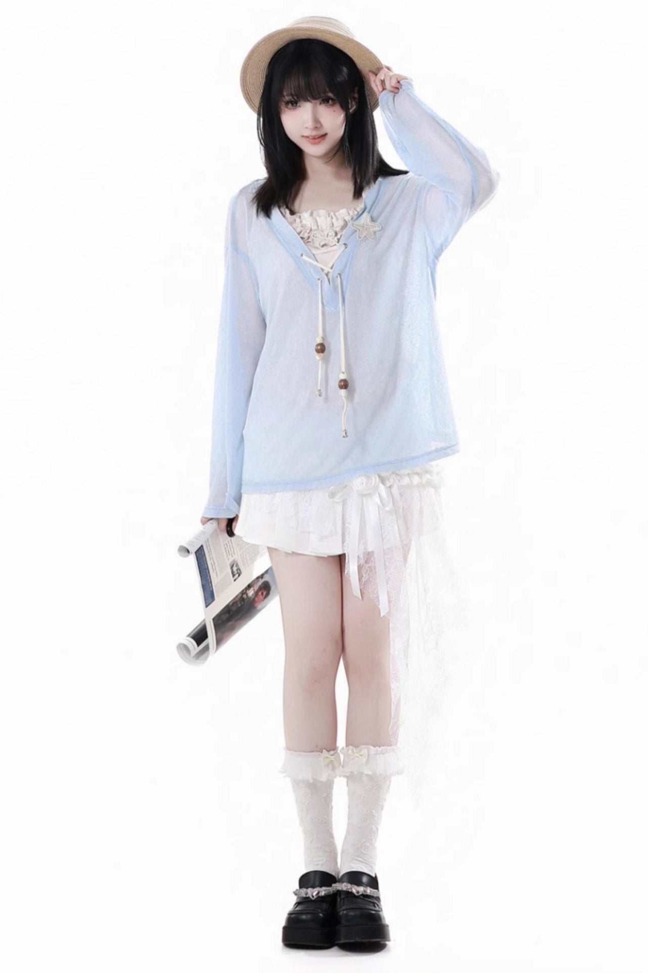 Seaside-Smok-Oberteile + Neckholder-Unterhemd + Asymmetrischer Rock