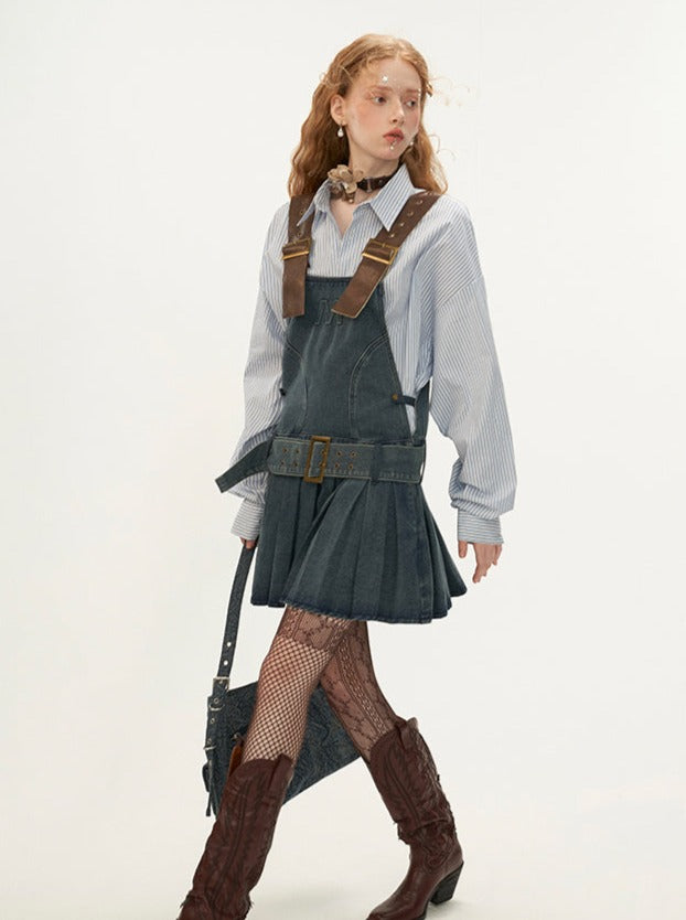 Leather Belted Logo Denim Pleated Suspender Skirt