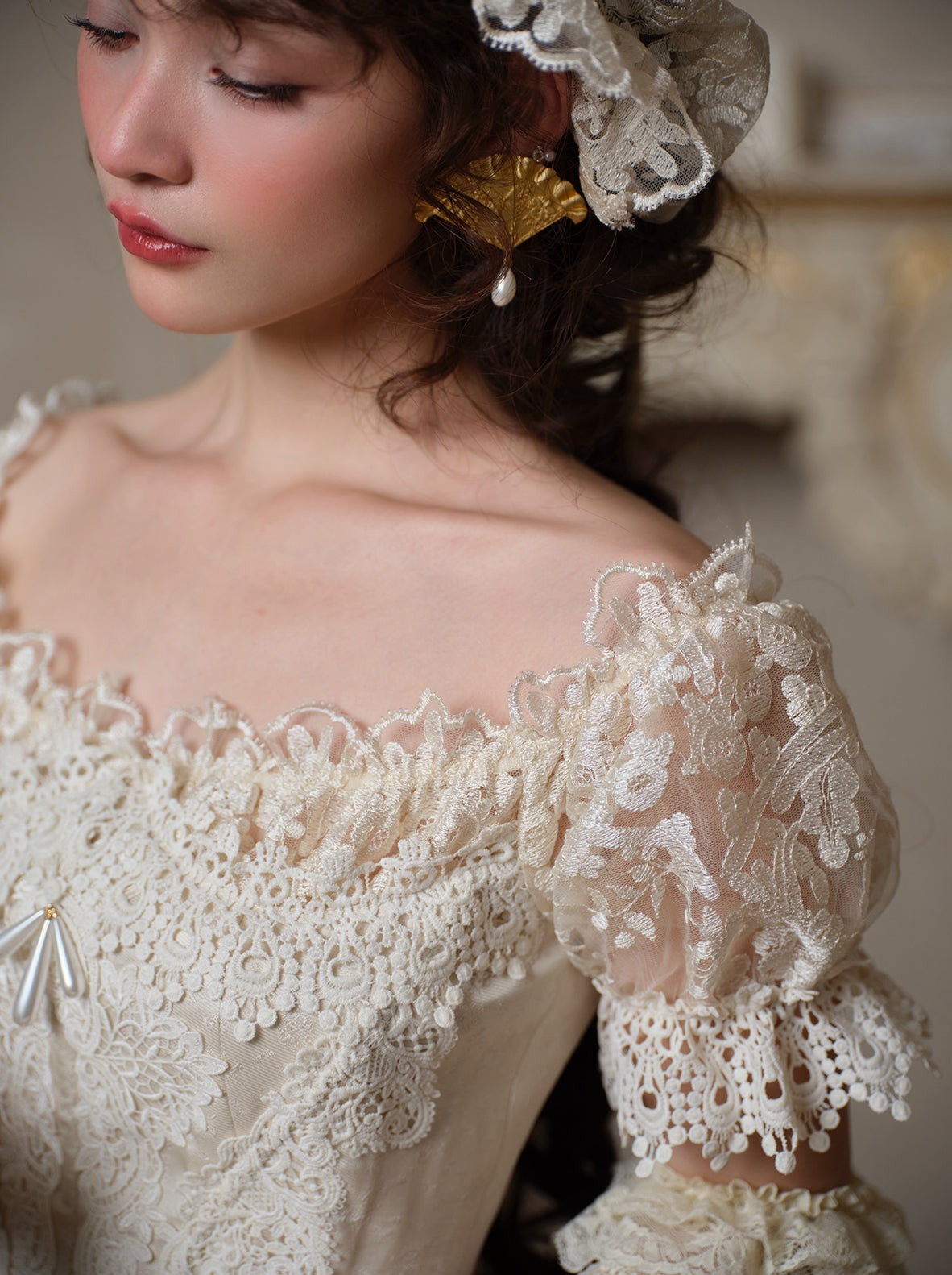 Retro Lace Puff Sleeve Long Dress + Lace Gloves