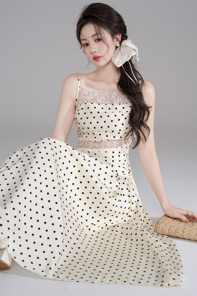 ドットレースフレンチロングキャミソールドレス+ドットシュシュ
