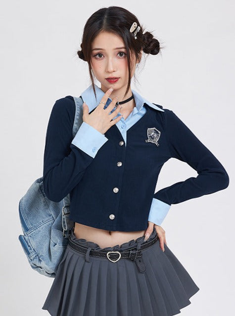 Faux Two Piece Polo Collar Shirt Sweater