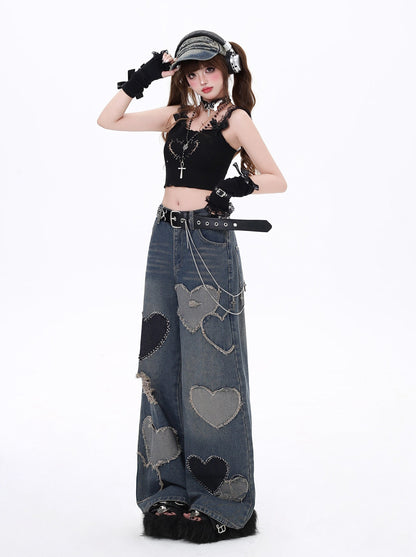 American Sweet & Cool Heart Patchwork Denim Pants