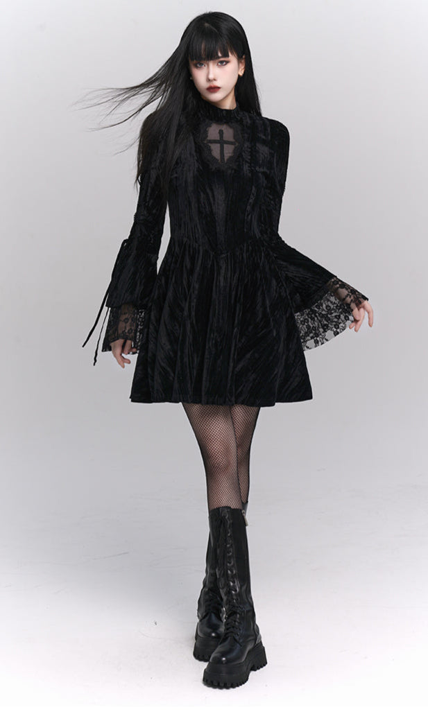 Retro Gothic Black Velvet Dress