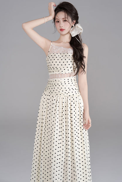 ドットレースフレンチロングキャミソールドレス+ドットシュシュ
