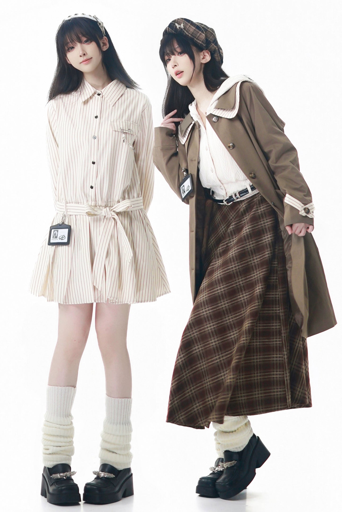 メープルトレンチコート+フードトップス+チェックスカート+シャツドレス