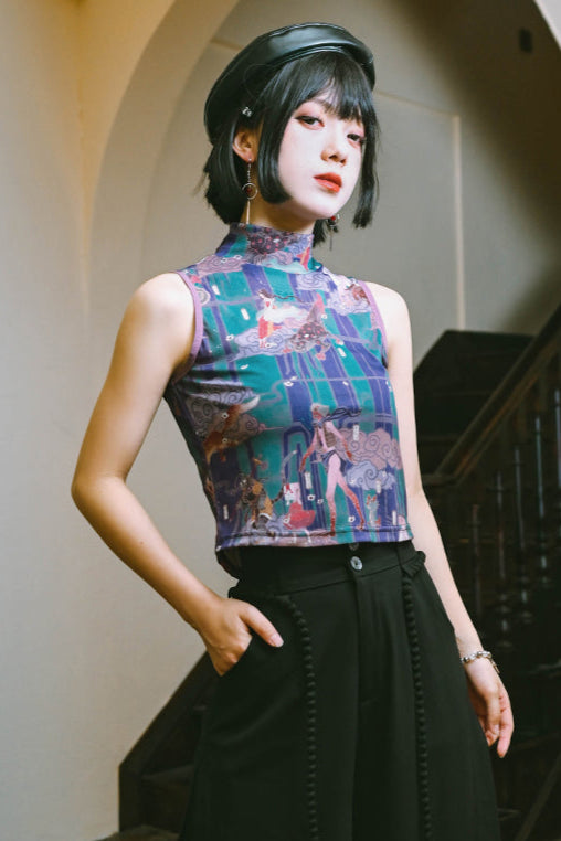 プリントメッシュハイネックノースリーブトップス