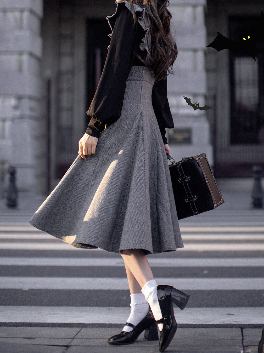Elegant Retro Black Ribbon Volume Sleeve Shirt + Ruffle