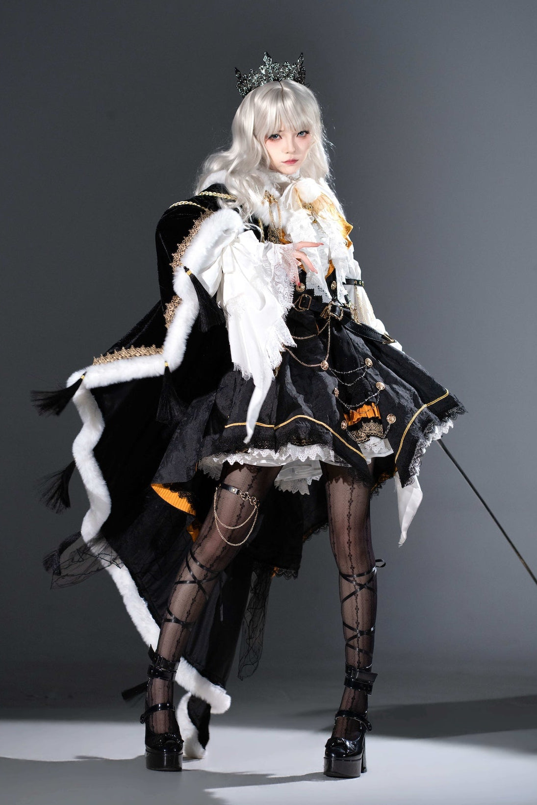 [Reservation Deadline: December 2] Royal Gothic Military Dress Coordinated Set (Shirt + Skirt + Long Vest with Train + One-Shoulder Fur Cape + Accessories)