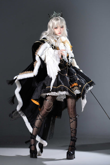 [Reservation Deadline: December 2] Royal Gothic Military Dress Coordinated Set (Shirt + Skirt + Long Vest with Train + One-Shoulder Fur Cape + Accessories)