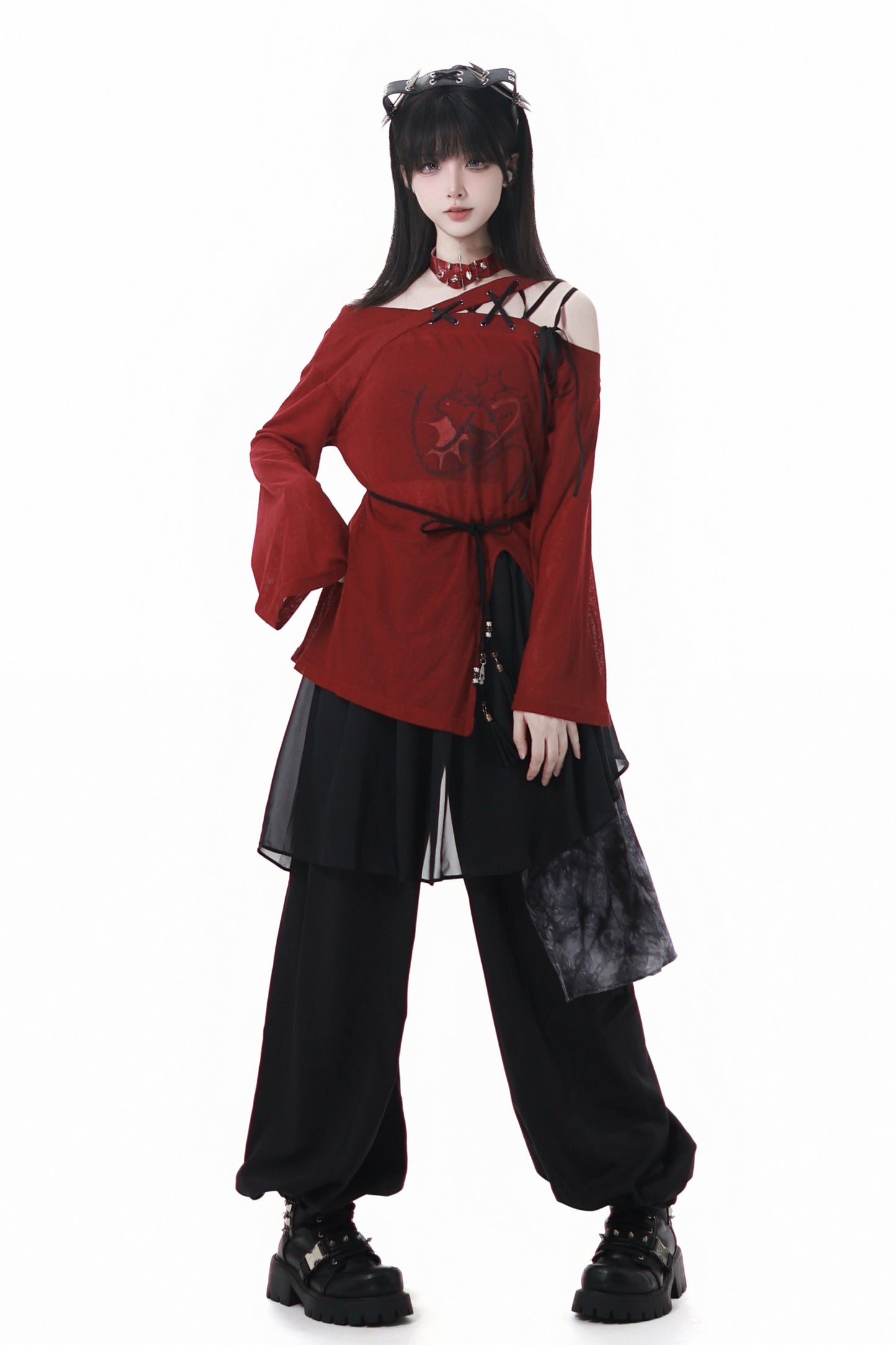 Splice mode red top + mode pants + rose belt
