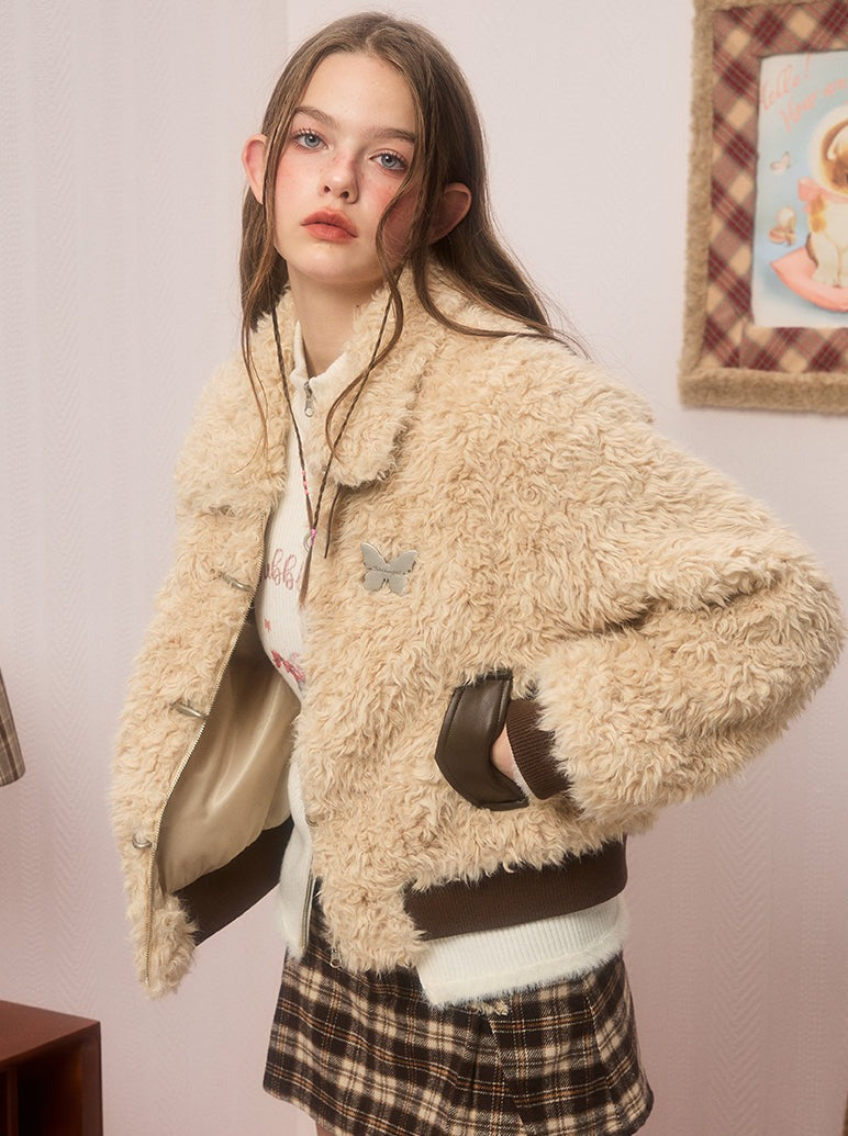 Neck Belt Lapel Lamb Wool Short Boa Coat