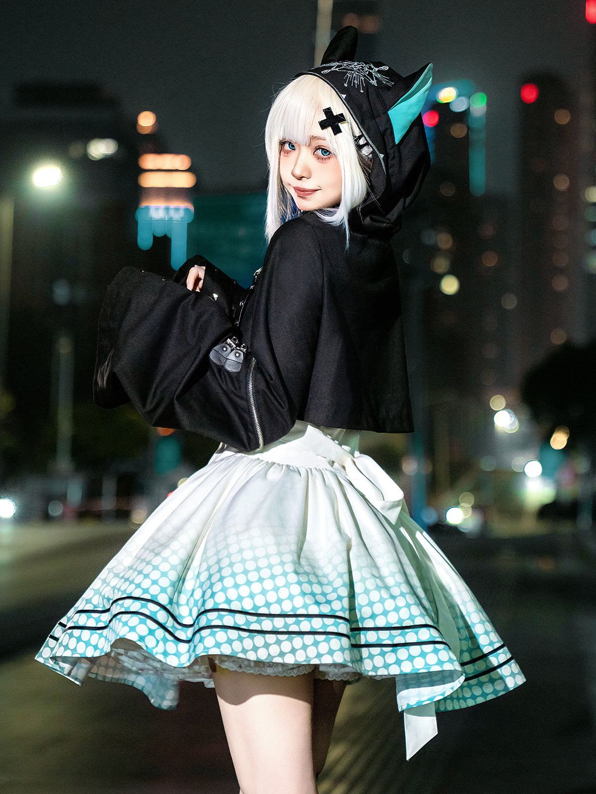 【予約商品】デイリーゴシックレトロパンクスタイルフードジャケット＋プリーツサスペンダースカート