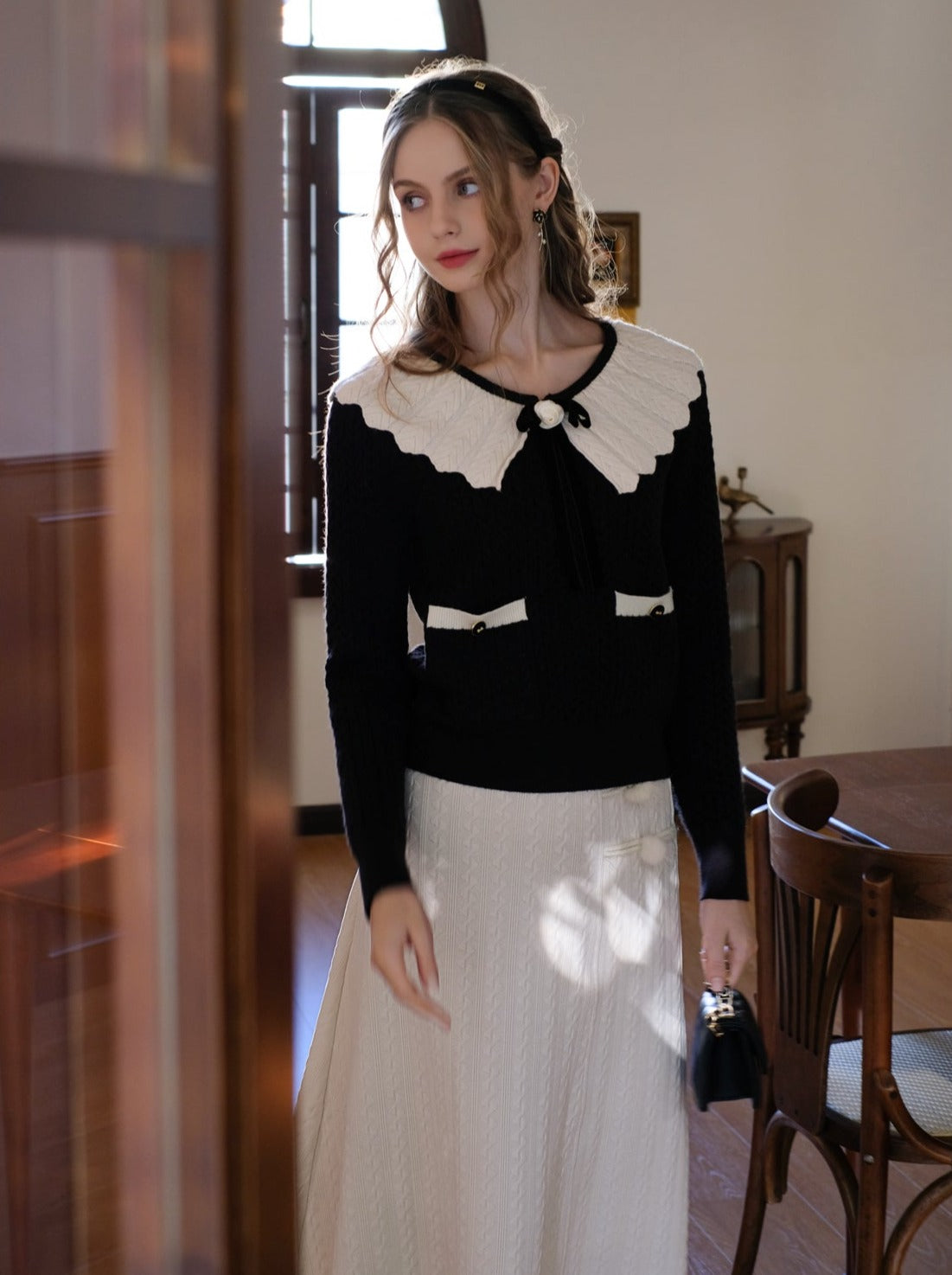 French Color Block Wave Lapel Ribbon Retro Sweater Cardigan