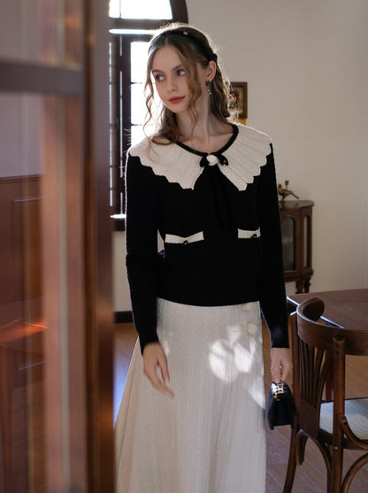 French Color Block Wave Lapel Ribbon Retro Sweater Cardigan